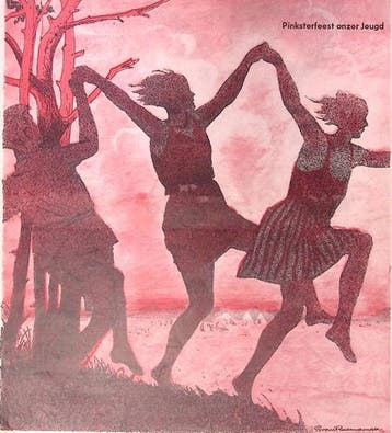 Spotprent met dansende jeugd op het Pinksterfeest (Lithos), Verzenden