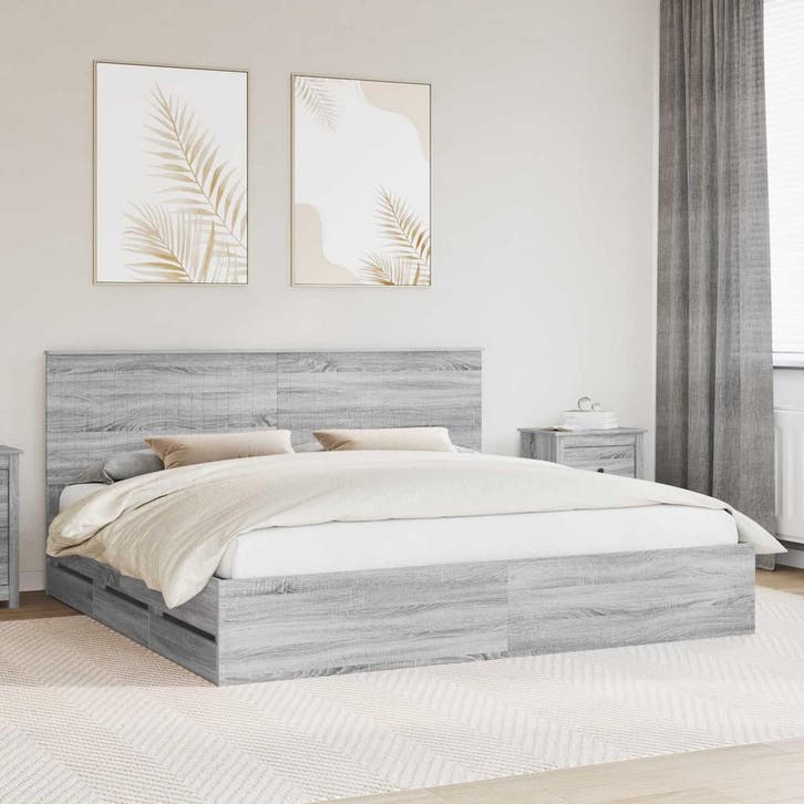 vidaXL Bedframe met lade Grijs Sonoma 200 x 200 cm, Huis en Inrichting, Slaapkamer | Bedden, Grijs, Nieuw, Hout, Verzenden