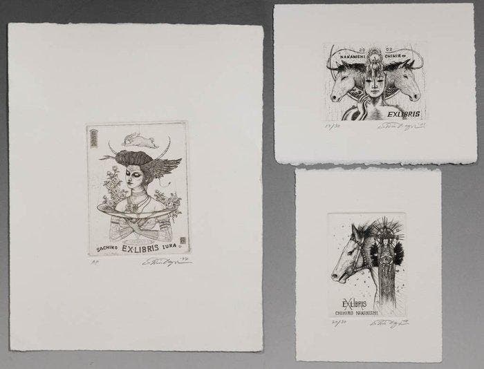 Set of Three Ex-libris Copperplate Prints - Taga Shin /, Antiek en Kunst, Antiek | Overige Antiek