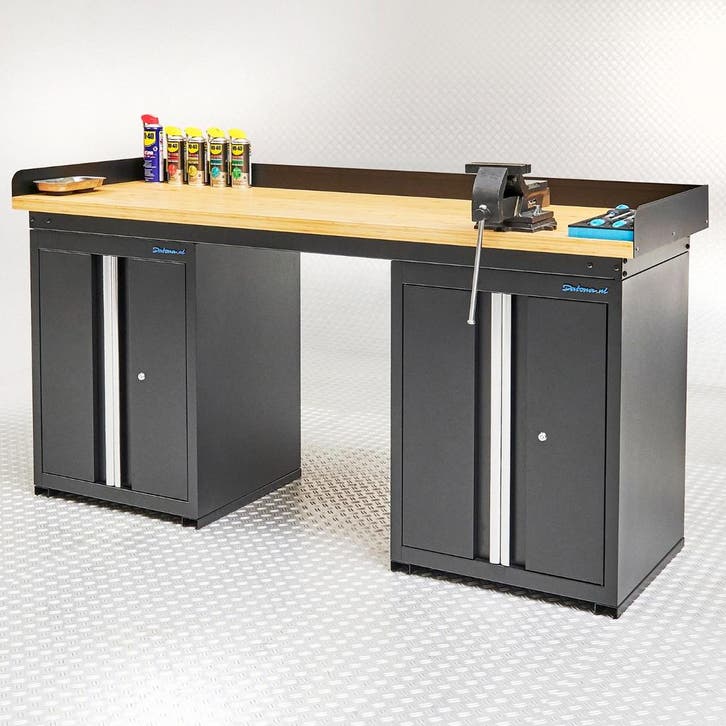 Datona Werkbank PRO eiken - 2 opbergkasten - 200 cm - zwart, Doe-het-zelf en Verbouw, Werkbanken, Nieuw, Ophalen of Verzenden