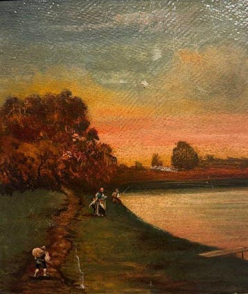 Scuola italiana (XIX-XX) - Paesaggio Romantico con contadini