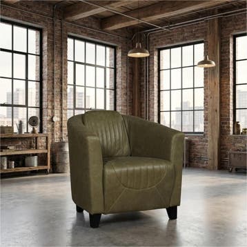 Leren fauteuil Press Special - Vintage Olive (olijf/groen), Huis en Inrichting, Fauteuils, Nieuw, Ophalen of Verzenden, Eigentijds, Klassiek, Retro, Romantisch, Vintage