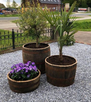 Eikenhouten bloembakken - set van 3 - whiskyvaten - robuust, Rond, Ophalen of Verzenden, Zo goed als nieuw, Balkon