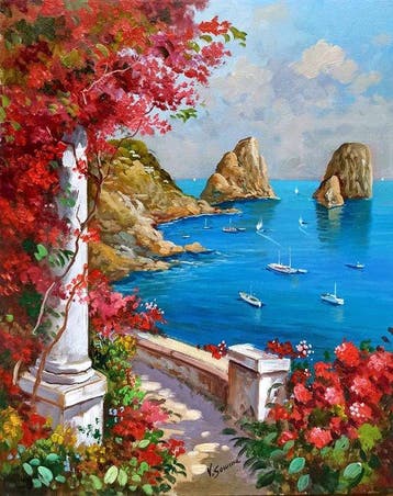 Vincenzo Somma (1955) - Capri - Flowery view of the sea