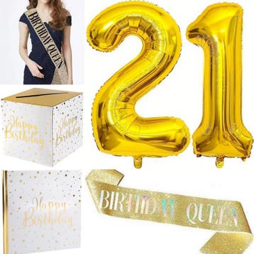 Birthday Queen 21 ballonnen en sjerp goud, Verzenden, Nieuw, Versiering, Verjaardag
