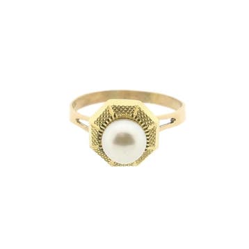 Vintage bicolor gouden ring met parel, Gebruikt, Ophalen of Verzenden, 17 tot 18, Met edelsteen