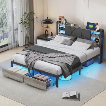 Gestoffeerd Dubbel Bedframe met 2 Lades en LED Verlichting -, Caravans en Kamperen, Verzenden, Nieuw