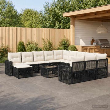 vidaXL Tuinbankenset 13 st Zwart en Cream Wit poly rattan, Verzenden, Nieuw, 3 zitplaatsen