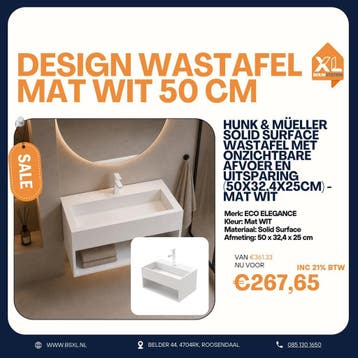 Design wastafel mat wit SOLID SURFACE 50 cm - OUTLET, Minder dan 50 cm, Nieuw, Ophalen of Verzenden, Minder dan 25 cm