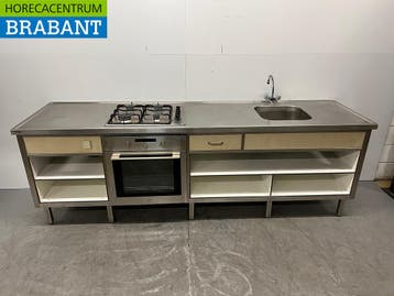 RVS Werktafel met 4 Pits Fornuis, Oven en spoelbak met kraan, Ophalen of Verzenden, Gebruikt