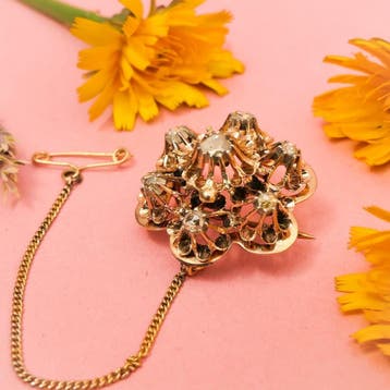 Gouden broche met roos geslepen diamanten; Ca 0,40 ct., Gebruikt, Ophalen of Verzenden, Met edelsteen, Goud