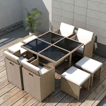 vidaXL 9-delige Tuinset met kussens poly rattan beige, Meer dan 8 zitplaatsen, Nieuw, Tuinset, Verzenden