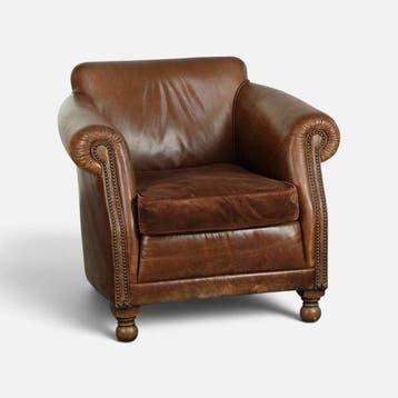 Fauteuil - Leder, Hout - Rundleren armchair