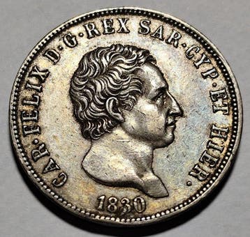 Koninkrijk Sardinië. Carlo Felice. 5 Lire 1830 Genova - alta