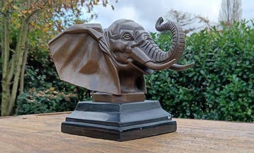 sculptuur, olifant sculptuur brons - 18 cm - brons marmer, Antiek en Kunst