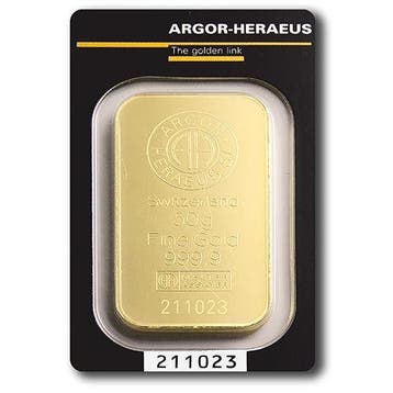 50 gram - Goud .999 - Argor-Heraeus, Switzerland, 50g .9999, Postzegels en Munten, Edelmetalen en Baren