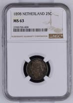 Koningin Wilhelmina 25 cent 1898 MS63 gecertificeerd NGC, Postzegels en Munten, Munten | Nederland, Verzenden, Zilver, 25 cent