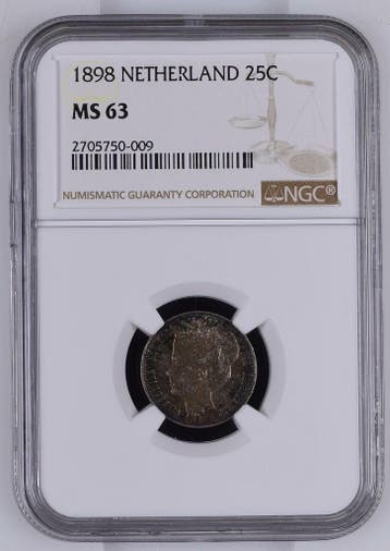 Koningin Wilhelmina 25 cent 1898 MS63 gecertificeerd NGC, Verzenden, Zilver, 25 cent, Koningin Wilhelmina