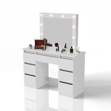 Kaptafel / Schminktafel Talea - Incl. Spiegel en LED - Wit, Verzenden, Nieuw