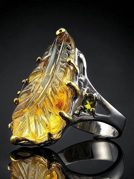 Citrien - Zilver, 925 - Ring - Natuurgeïnspireerd, Verzamelen, Mineralen en Fossielen