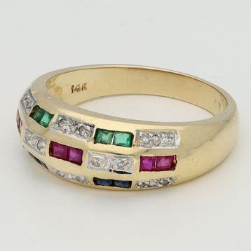 Ring - 14 karaat Geel goud Robijn - Diamant - Saffier, Nieuw