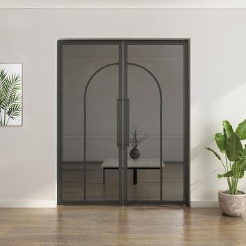 Dubbele stalen taatsdeur - Zwart - 2 Vlaks rond - Rook glas, Minder dan 80 cm, Overige typen, Nieuw, Metaal