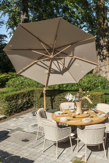 Siesta premium zweefparasol 350 cmØ houtlook frame sand 4, Ophalen of Verzenden, Nieuw
