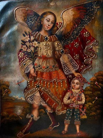Cuzco School - Archangel Guardian Raphael with Child Pilgrim