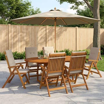 vidaXL Buiten Eetset met Parasol 8 st Crèmewit Massief, Verzenden, Nieuw, 8 zitplaatsen