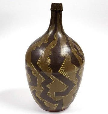 Vintage handbeschilderde glazen demijohn als vaas, tribal, Verzenden, Gebruikt