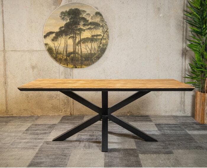 Eettafel Fishbone met kruispoot | Mangohout visgraat -, Huis en Inrichting, Tafels | Eettafels, Nieuw, Ophalen of Verzenden