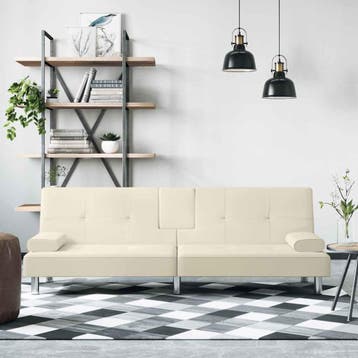 vidaXL Slaapbank met bekerhouders kunstleer crèmekleurig, Verzenden, Nieuw, Leer, 200 tot 250 cm