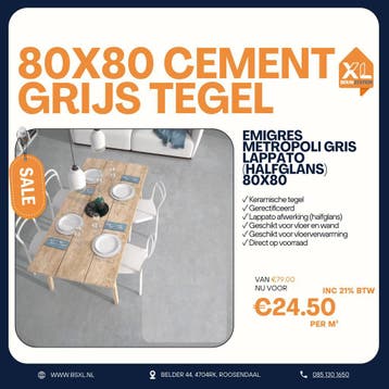 80x80 Cement Grijs - VOORRAAD= ACTIE TEGEL = GERECTIFICEERD, 60 cm of meer, Nieuw, Ophalen of Verzenden, 10 m² of meer