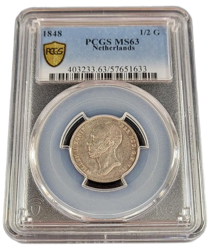Koning Willlem II halve gulden 1848 MS63 PCGS (Pop 6/5), Postzegels en Munten, Munten | Nederland, Losse munt, Koning Willem II