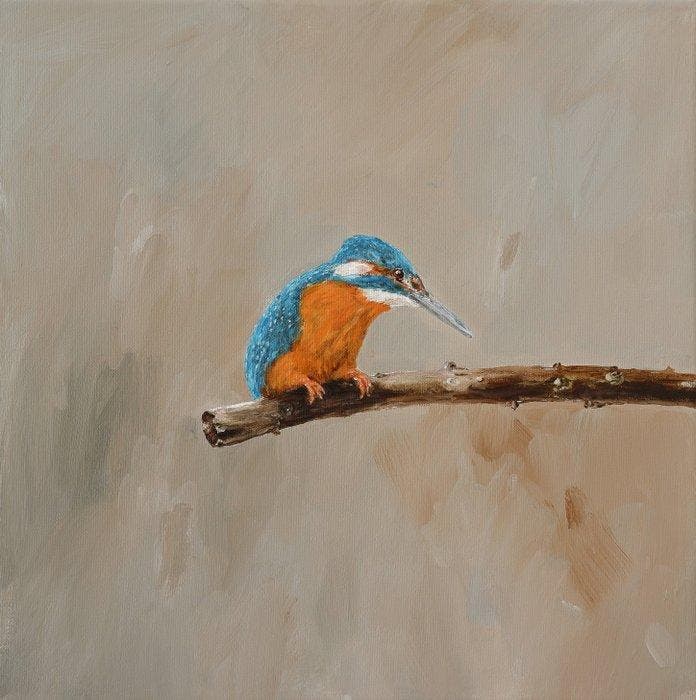 Matthieu van Riel - Kingfisher sitting on a Branch, Antiek en Kunst, Kunst | Schilderijen | Modern
