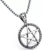 Lange heren ketting Gothic Pentagram rond zilverkleurig, Verzenden, Nieuw, Zilver, Overige materialen