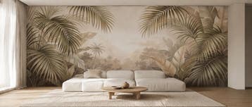 Jungle behang – beige palmen met een lichte doorkijk, Huis en Inrichting, Bladeren, Overige merken, Ophalen of Verzenden, Fotobehang