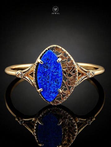 Vintage opaalring - 925 sterlingzilver - goudvergulde blauwe, Antiek en Kunst