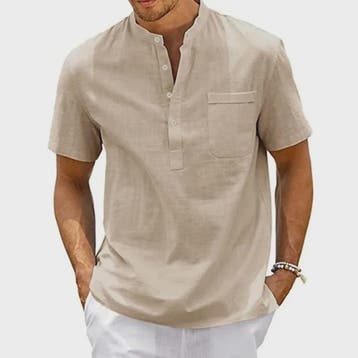 Herenshirt met Henne Neck en Borstzak - Katoen Linnen Mix -, Verzenden, Nieuw