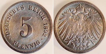 Duitsland 5 Pfennig 1892 J ss+ J 012, Verzenden