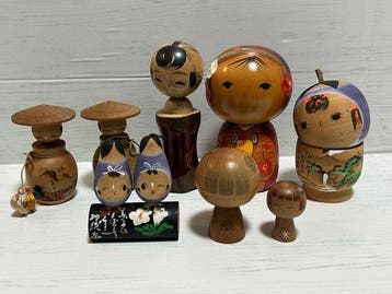Vintage Japanse Kokeshi-collectie – 8-delige set – Kouhou