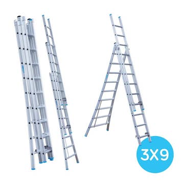 Eurostairs Reform ladder driedelig uitgebogen 3x9 sporten, Doe-het-zelf en Verbouw, Verzenden, Nieuw, Ladder
