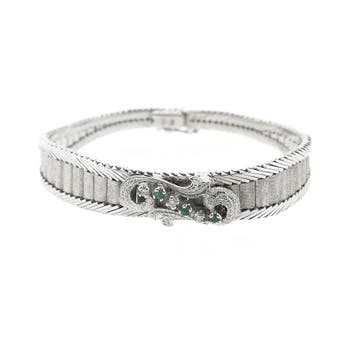 Witgouden armband met smaragd en diamanten; 0,045 ct., Gebruikt, Ophalen of Verzenden, Met edelsteen, Goud