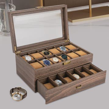 Luxe 24-Vaks Horlogedoos met Glazen Deksel - Rustiek Bruin, Verzenden, Nieuw