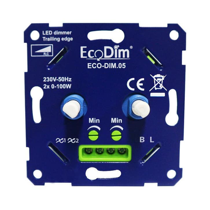 EcoDim ECO-DIM.05 led duo dimmer fase afsnijding 2x100W, Doe-het-zelf en Verbouw, Elektra en Kabels, Stopcontact, Nieuw