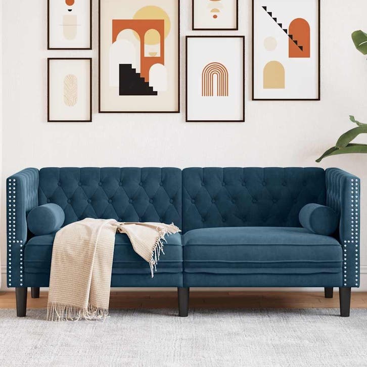 Bank Blauw Fluweel | Chesterfield Stijl | Tweedekansje, Huis en Inrichting, Banken | Bankstellen, 150 tot 200 cm, Minder dan 75 cm