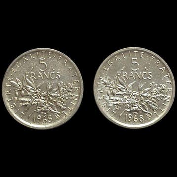 Frankrijk. 5 Francs 1965 y 1968 (2 monedas) (Zonder, Postzegels en Munten