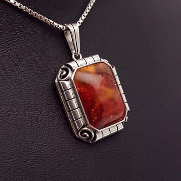 Zilver, Art Deco, Amber - Ketting met hanger