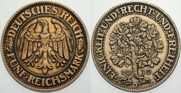 Fuenf Reichsmark 1930 D KursMunt Weimarer Republik Weimar..., Verzenden