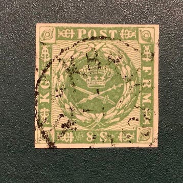 Denemarken 1858 - 8 Skilling wapenschild met luxe marges, Postzegels en Munten, Gestempeld